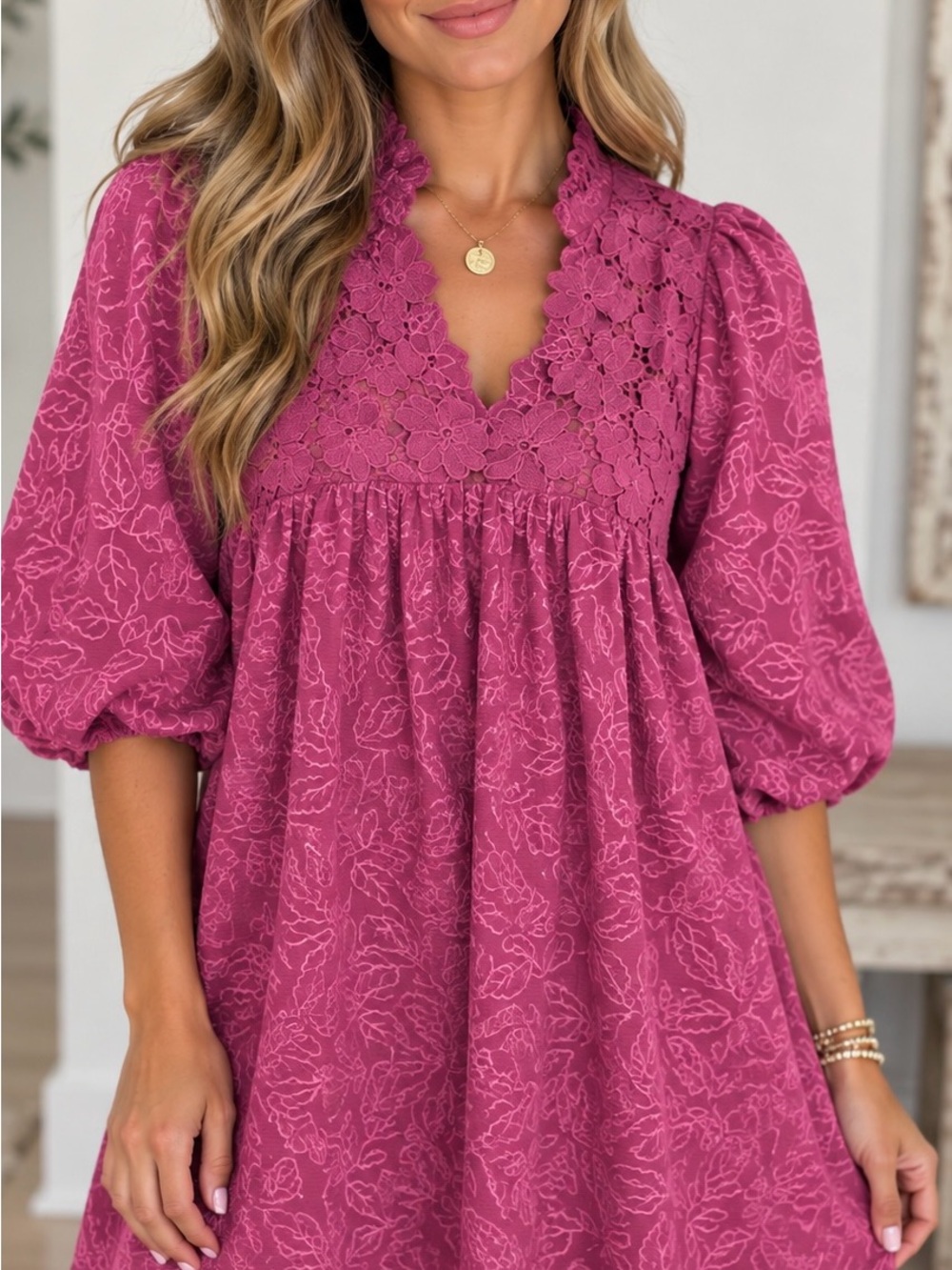 Umgee Magenta Floral Lace V-Neck Puff Sleeve Tunic